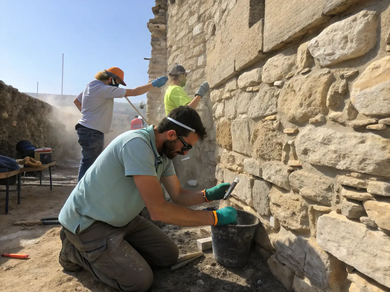 An image of a historic site being carefully restored by conservation experts, with volunteers assisting in the background.