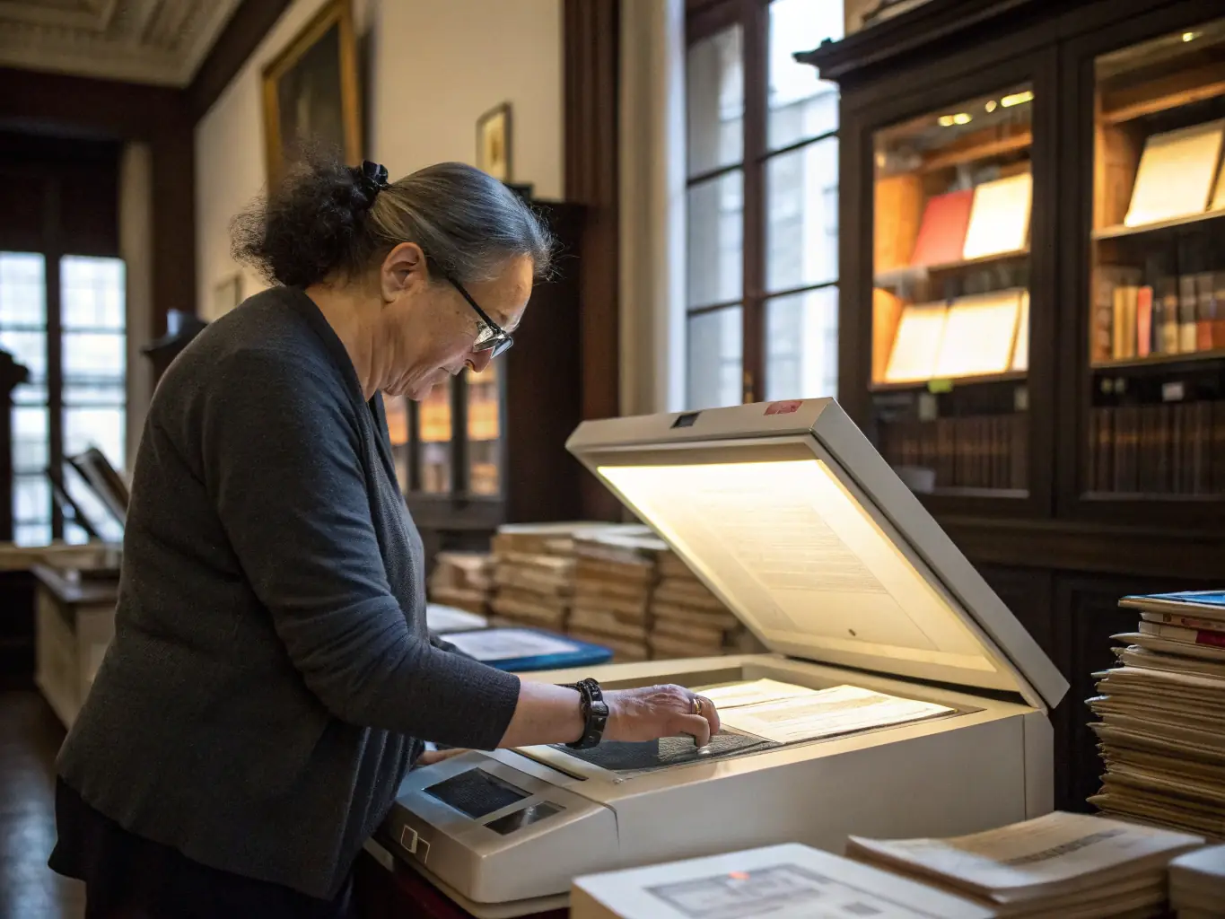 An archivist carefully digitizing historical documents, highlighting APESSAB's efforts in preserving archival materials.