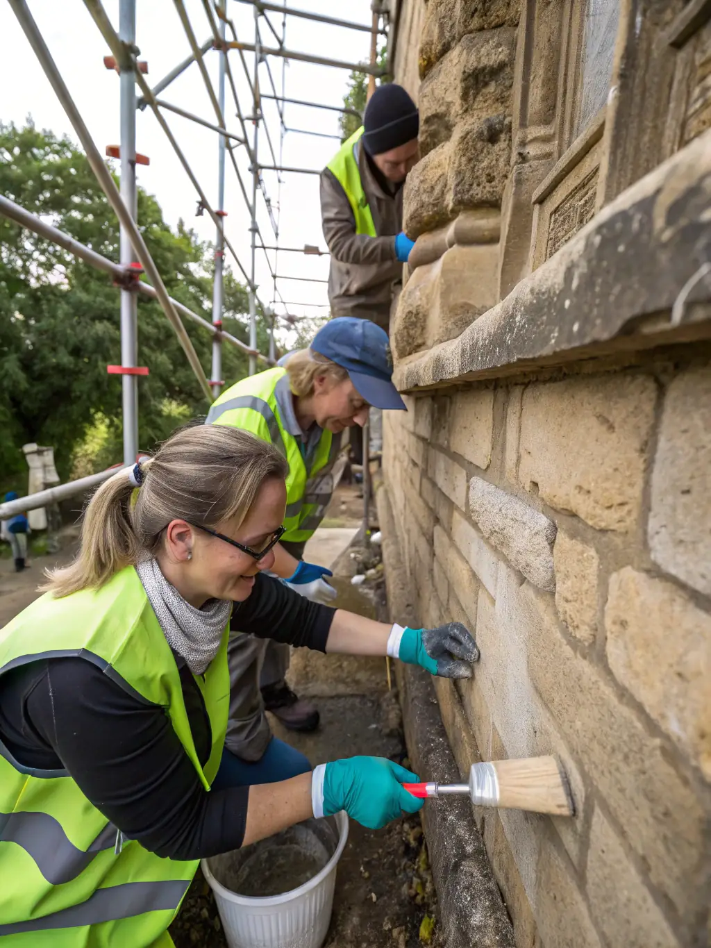 A photograph depicting volunteers working on the restoration of a historical building facade, showcasing APESSAB's commitment to preserving architectural heritage.